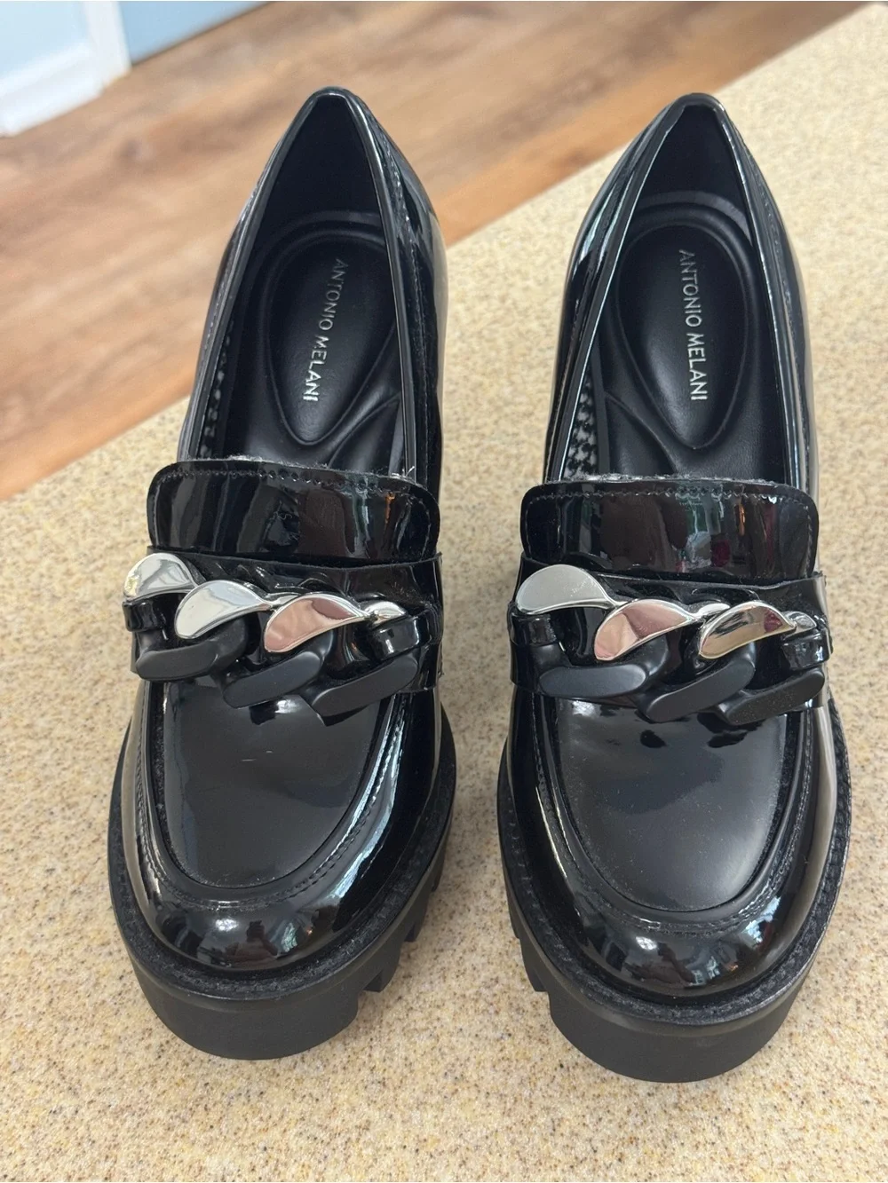 Antonio Melani Parkerr Lug Sole Chain Detail Black Patent Platform Loafers 7.5